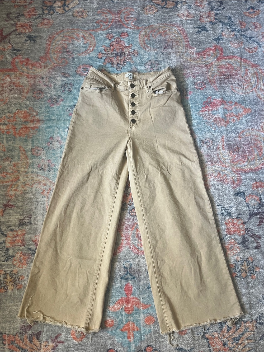 easel Button-Fly Wide Leg Jeans in Beige